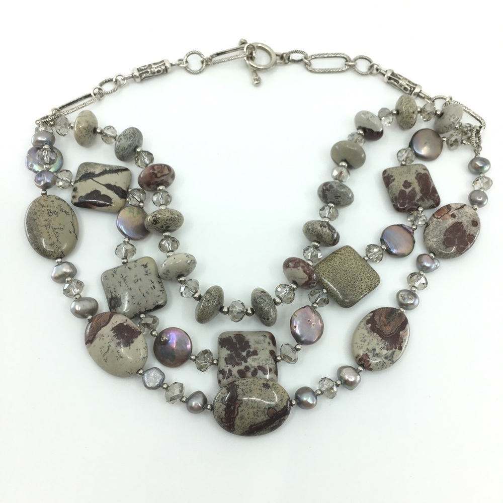 Multi-Strand Stone Necklace Jasper Coin Pearl Crystal Purple Gray Silver